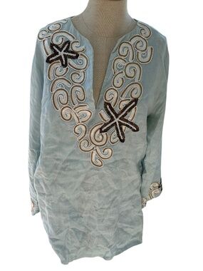 Barbara Gerwit pale blue linen beaded STARFISH sea life tunic top XL